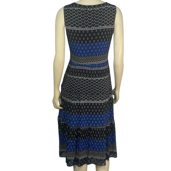 T Tahari Sz S Summer Tank Midi Dress Tiered Skirt Sheer Overlay Blue Scarf Print - Picture 3 of 10